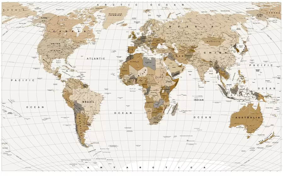 murais de parede Um mapa político do mundo em tons de marrom com bandeiras em inglês c00016en
