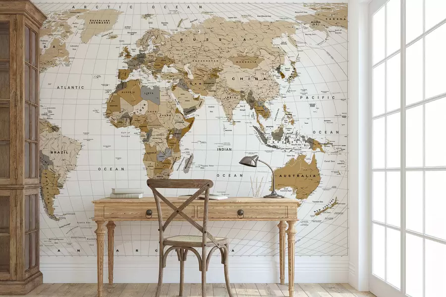 murais de parede Um mapa político do mundo em tons de marrom com bandeiras em inglês c00016en
