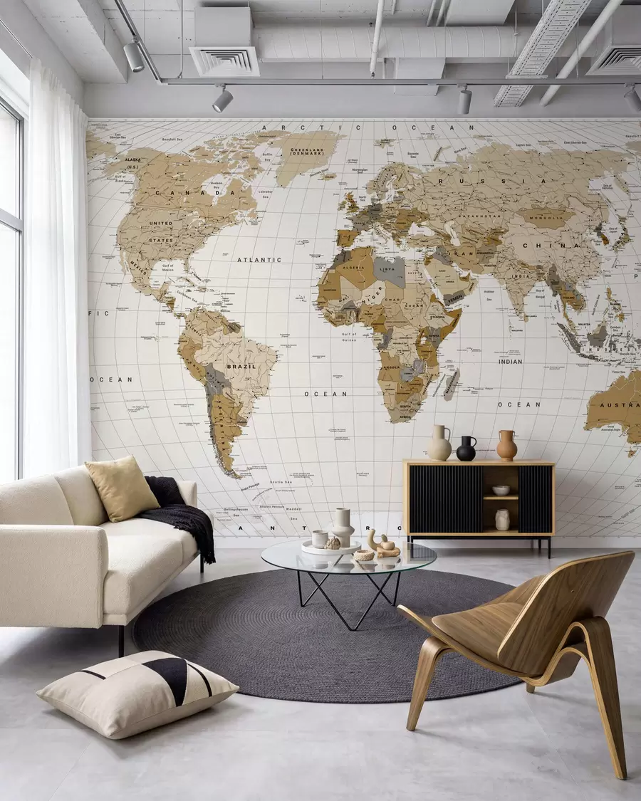 murais de parede Um mapa político do mundo em tons de marrom com bandeiras em inglês c00016en