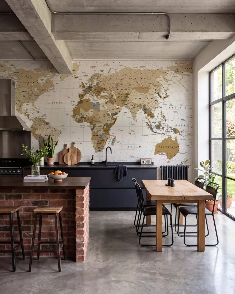murais de parede Um mapa político do mundo em tons de marrom com bandeiras em inglês c00016en