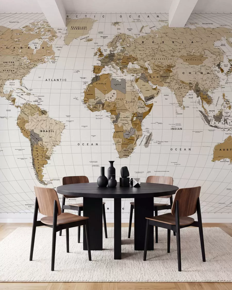 murais de parede Um mapa político do mundo em tons de marrom com bandeiras em inglês c00016en