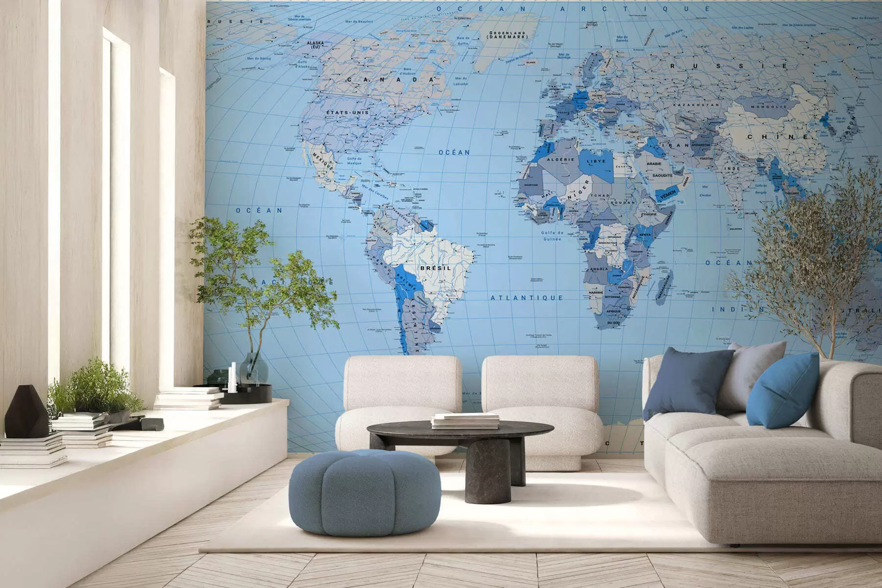 murais de parede Mapa político azul do mundo com bandeiras, em francês c00016frv2
