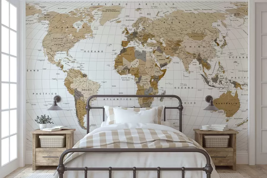 murais de parede Um mapa político do mundo em tons de marrom com bandeiras em espanhol c00016es