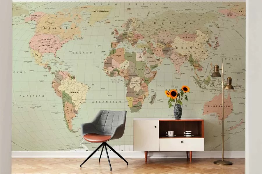 murais de parede Mapa político do mundo em tons de verde-oliva com bandeiras, em espanhol c00016esv3