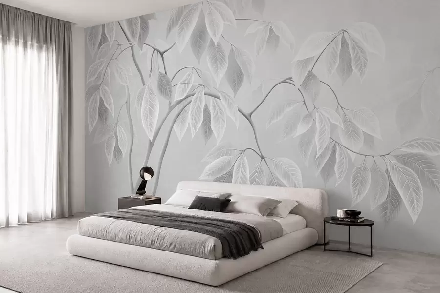 murais de parede Galhos claros com folhas grandes sobre um fundo suave w05806