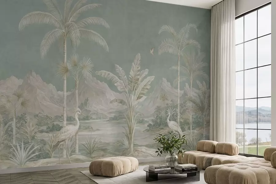 murais de parede Paisagem tropical em suaves tons de verde w05819