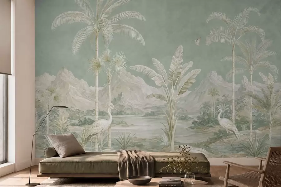 murais de parede Paisagem tropical em suaves tons de verde w05819