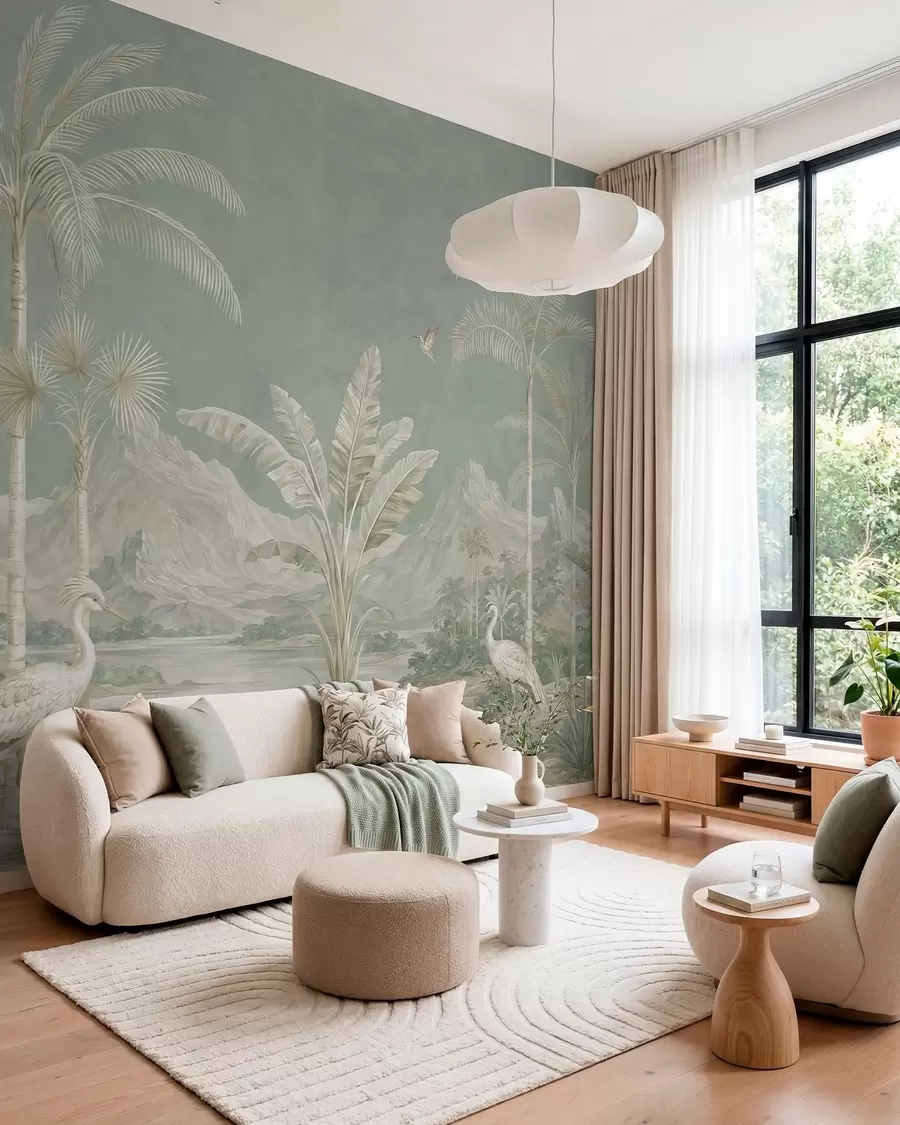 murais de parede Paisagem tropical em suaves tons de verde w05819
