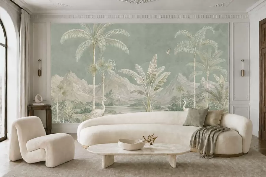 murais de parede Paisagem tropical em suaves tons de verde w05819