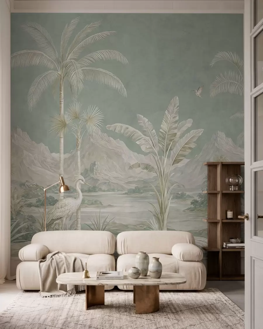murais de parede Paisagem tropical em suaves tons de verde w05819