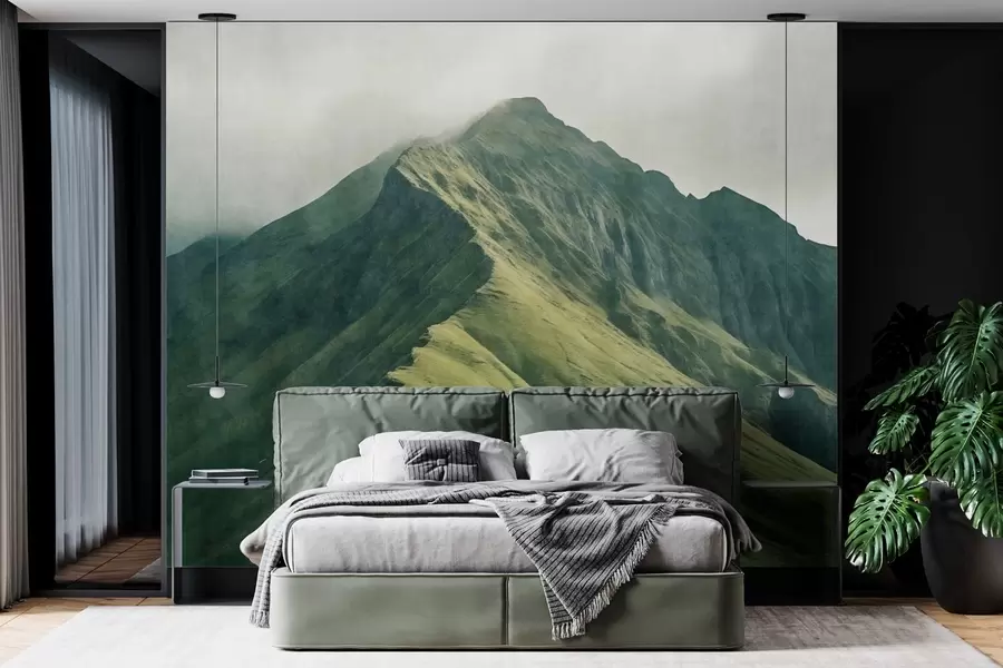 murais de parede Malaquita montanhosa com encostas verdes e um pico envolto em uma névoa suave w05820