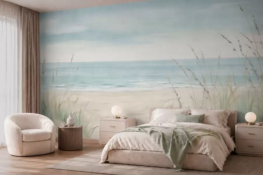 murais de parede Areia com conchas, uma praia tranquila e gramíneas em suaves tons pastéis w05821