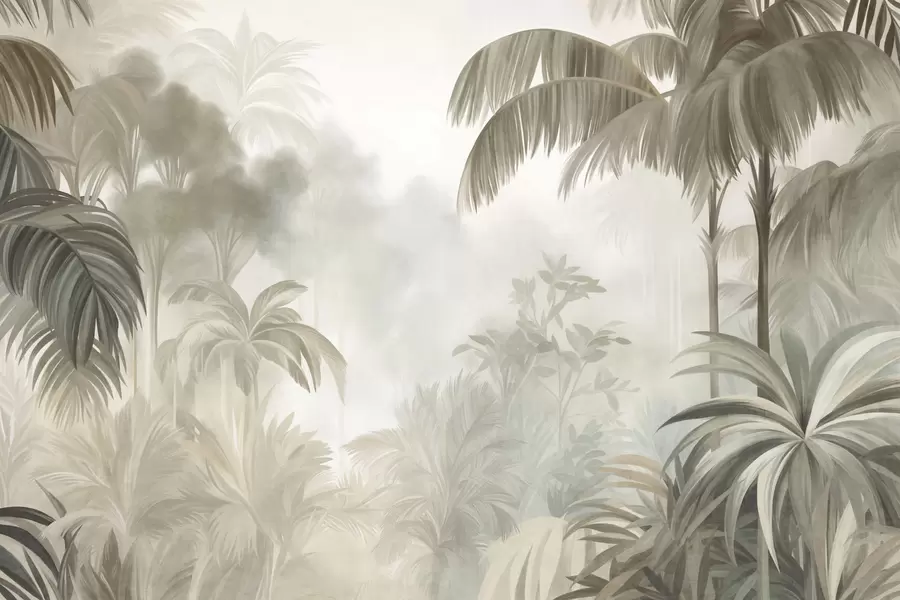 murais de parede Paisagem de selva com textura, com palmeiras e vegetação exuberante, em um estilo suave e pictórico w10016