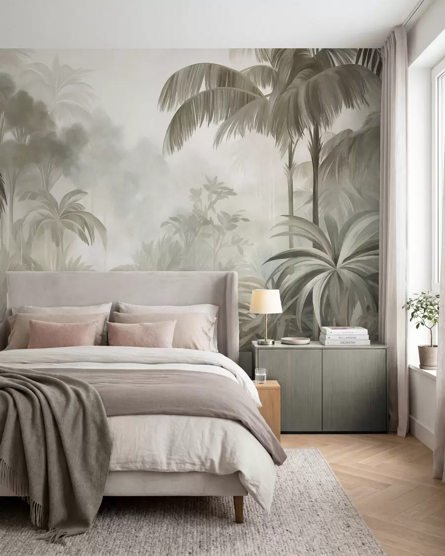 murais de parede Paisagem de selva com textura, com palmeiras e vegetação exuberante, em um estilo suave e pictórico w10016