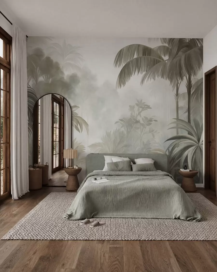 murais de parede Paisagem de selva com textura, com palmeiras e vegetação exuberante, em um estilo suave e pictórico w10016