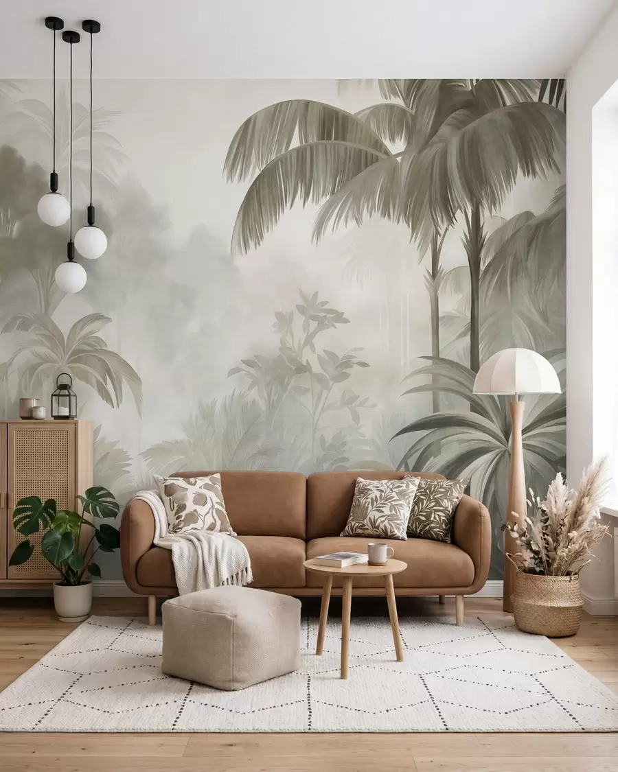 murais de parede Paisagem de selva com textura, com palmeiras e vegetação exuberante, em um estilo suave e pictórico w10016