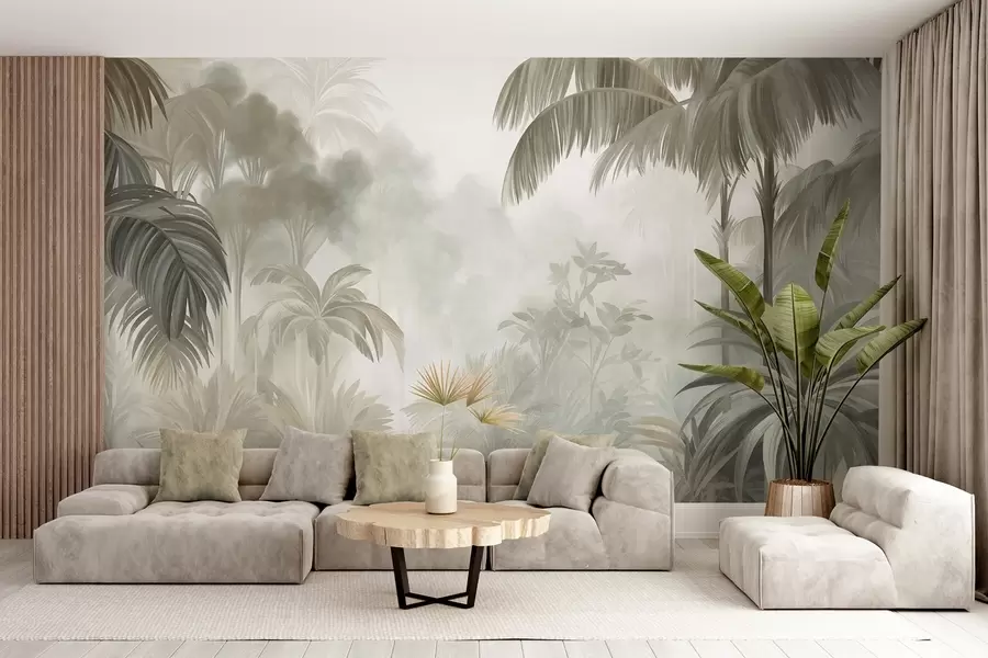 murais de parede Paisagem de selva com textura, com palmeiras e vegetação exuberante, em um estilo suave e pictórico w10016
