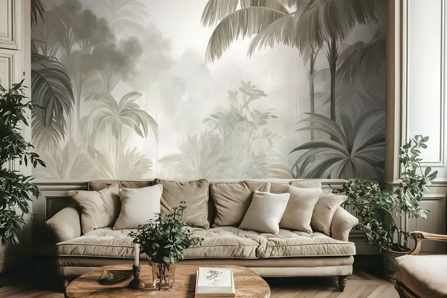murais de parede Paisagem de selva com textura, com palmeiras e vegetação exuberante, em um estilo suave e pictórico w10016