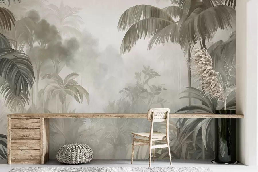 murais de parede Paisagem de selva com textura, com palmeiras e vegetação exuberante, em um estilo suave e pictórico w10016