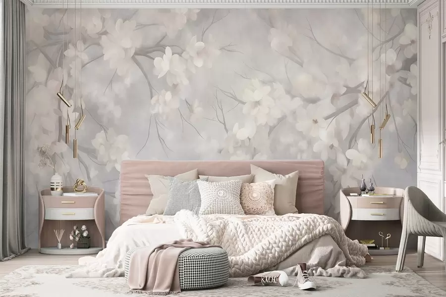 murais de parede Flores de cerejeira brancas em galhos finos, com efeito desfocado, fundo cinza claro, arte texturizada w10012