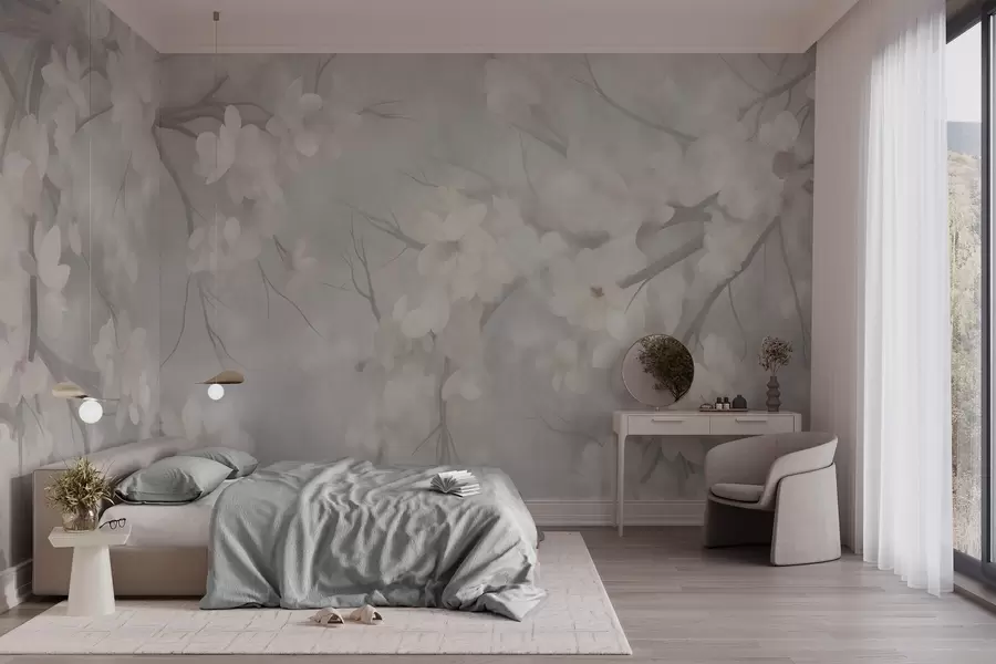 murais de parede Flores de cerejeira brancas em galhos finos, com efeito desfocado, fundo cinza claro, arte texturizada w10012