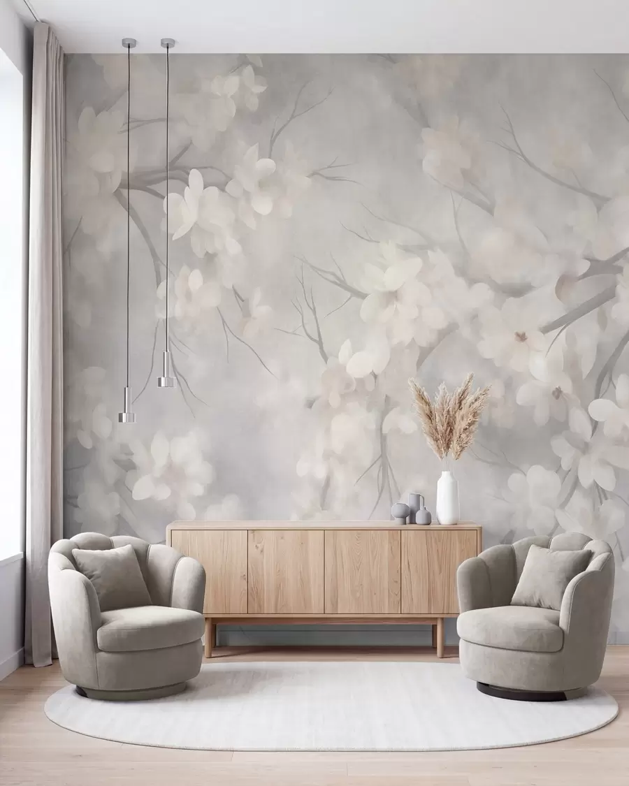 murais de parede Flores de cerejeira brancas em galhos finos, com efeito desfocado, fundo cinza claro, arte texturizada w10012