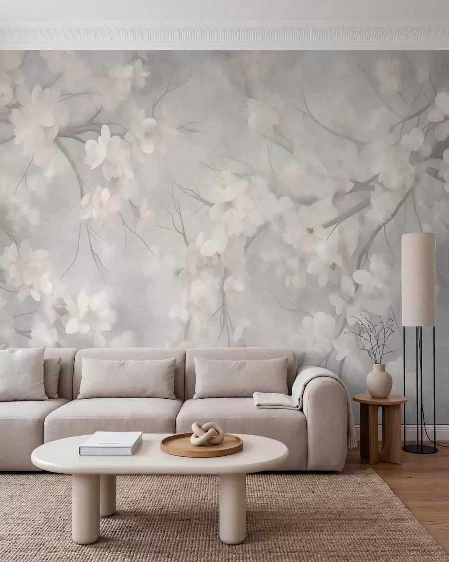 murais de parede Flores de cerejeira brancas em galhos finos, com efeito desfocado, fundo cinza claro, arte texturizada w10012