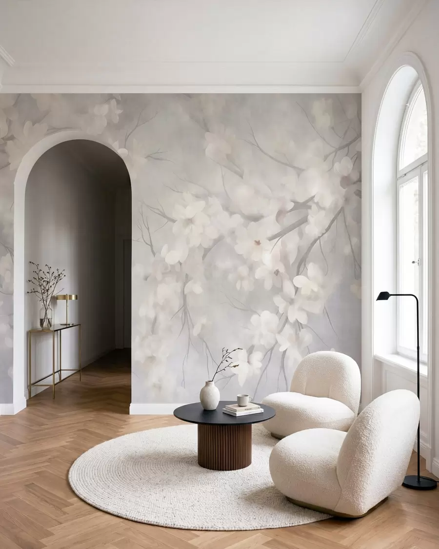 murais de parede Flores de cerejeira brancas em galhos finos, com efeito desfocado, fundo cinza claro, arte texturizada w10012