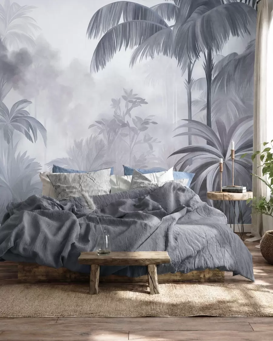 murais de parede Paisagem de selva com textura, com palmeiras e vegetação exuberante, em um estilo suave e pictórico w10016v1