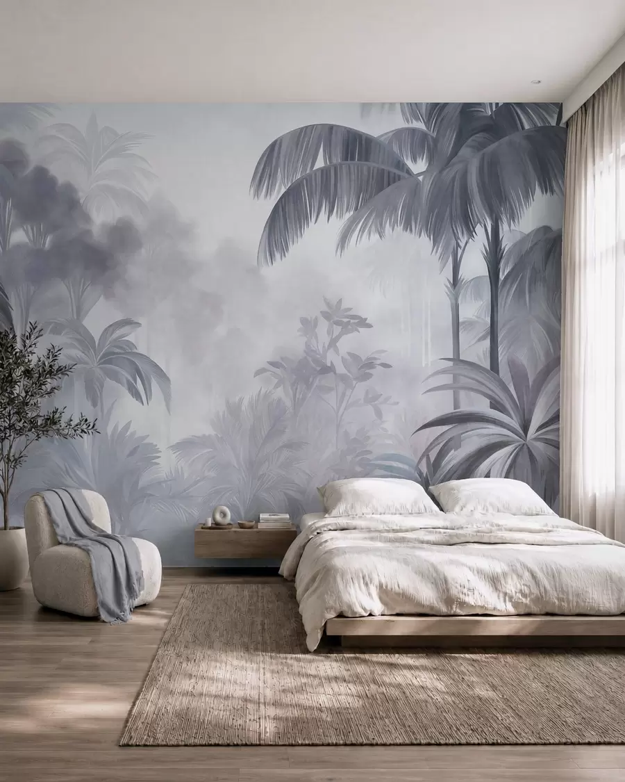murais de parede Paisagem de selva com textura, com palmeiras e vegetação exuberante, em um estilo suave e pictórico w10016v1