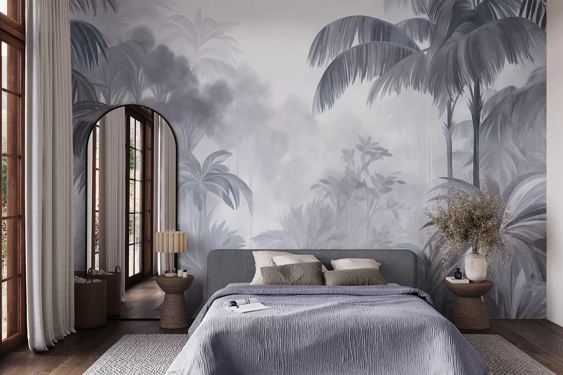 murais de parede Paisagem de selva com textura, com palmeiras e vegetação exuberante, em um estilo suave e pictórico w10016v1