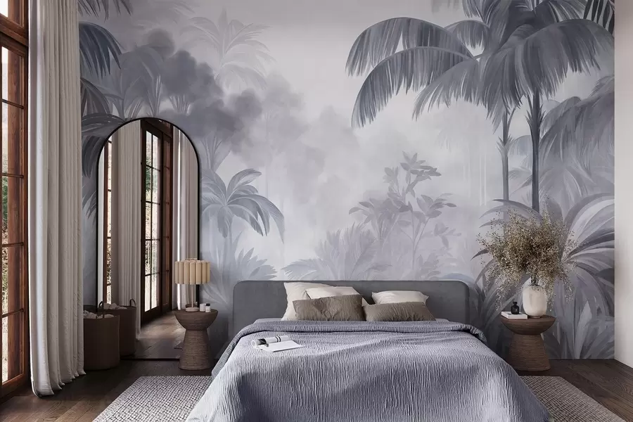 murais de parede Paisagem de selva com textura, com palmeiras e vegetação exuberante, em um estilo suave e pictórico w10016v1