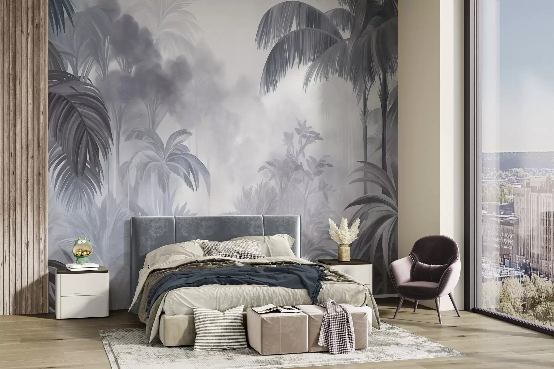 murais de parede Paisagem de selva com textura, com palmeiras e vegetação exuberante, em um estilo suave e pictórico w10016v1