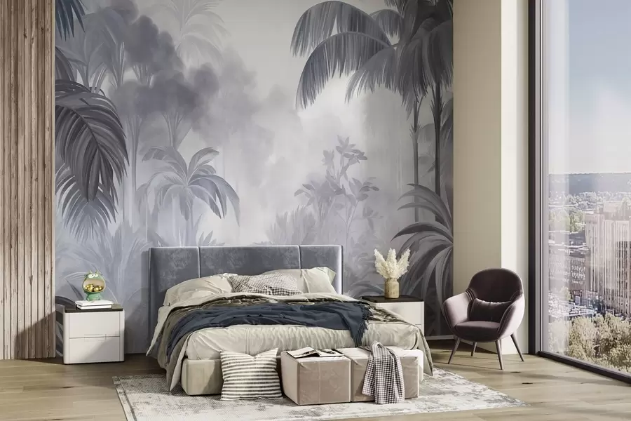 murais de parede Paisagem de selva com textura, com palmeiras e vegetação exuberante, em um estilo suave e pictórico w10016v1