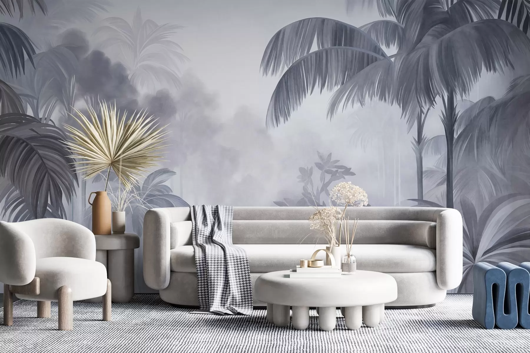 murais de parede Paisagem de selva com textura, com palmeiras e vegetação exuberante, em um estilo suave e pictórico w10016v1