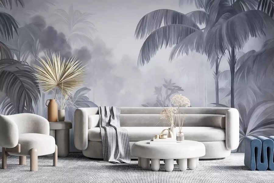 murais de parede Paisagem de selva com textura, com palmeiras e vegetação exuberante, em um estilo suave e pictórico w10016v1