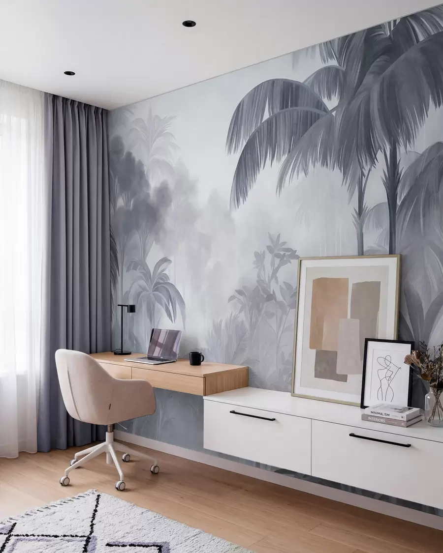 murais de parede Paisagem de selva com textura, com palmeiras e vegetação exuberante, em um estilo suave e pictórico w10016v1