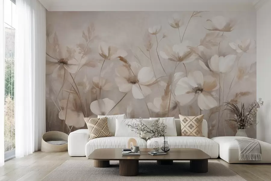 murais de parede Um campo de flores de cores claras e gramíneas altas em tons suaves, obra de arte texturizada w10019