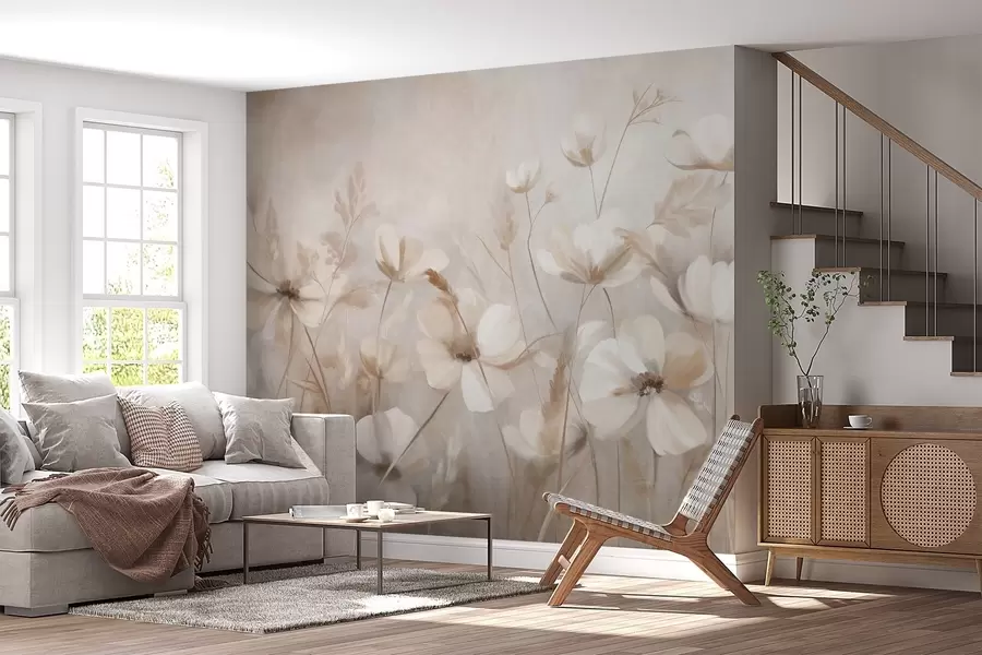 murais de parede Um campo de flores de cores claras e gramíneas altas em tons suaves, obra de arte texturizada w10019