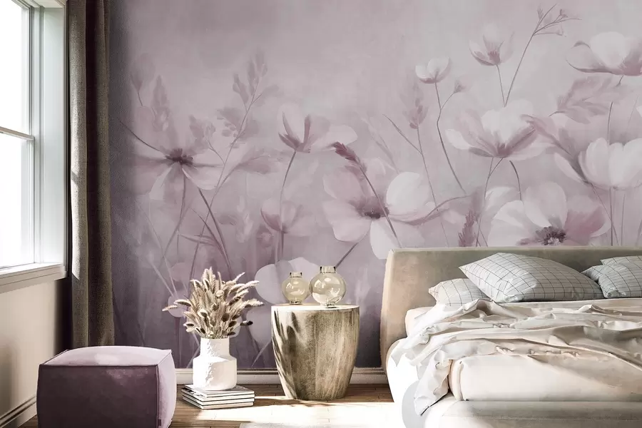 murais de parede Um campo de flores de cores claras e gramíneas altas em tons suaves, obra de arte texturizada w10019v1