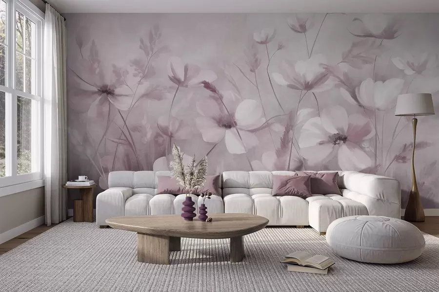 murais de parede Um campo de flores de cores claras e gramíneas altas em tons suaves, obra de arte texturizada w10019v1