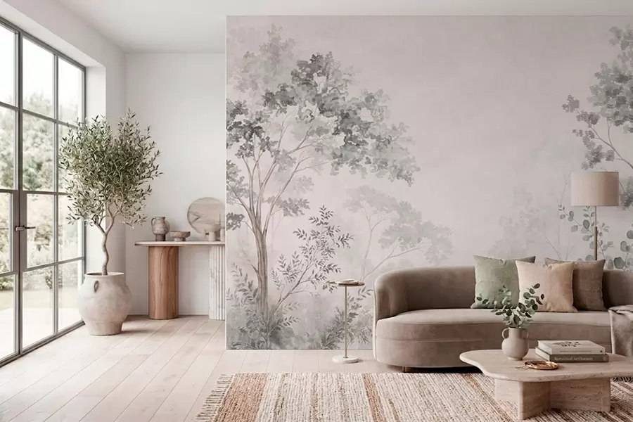 murais de parede Árvores da floresta e vegetação contra um fundo levemente enevoado w05856v1