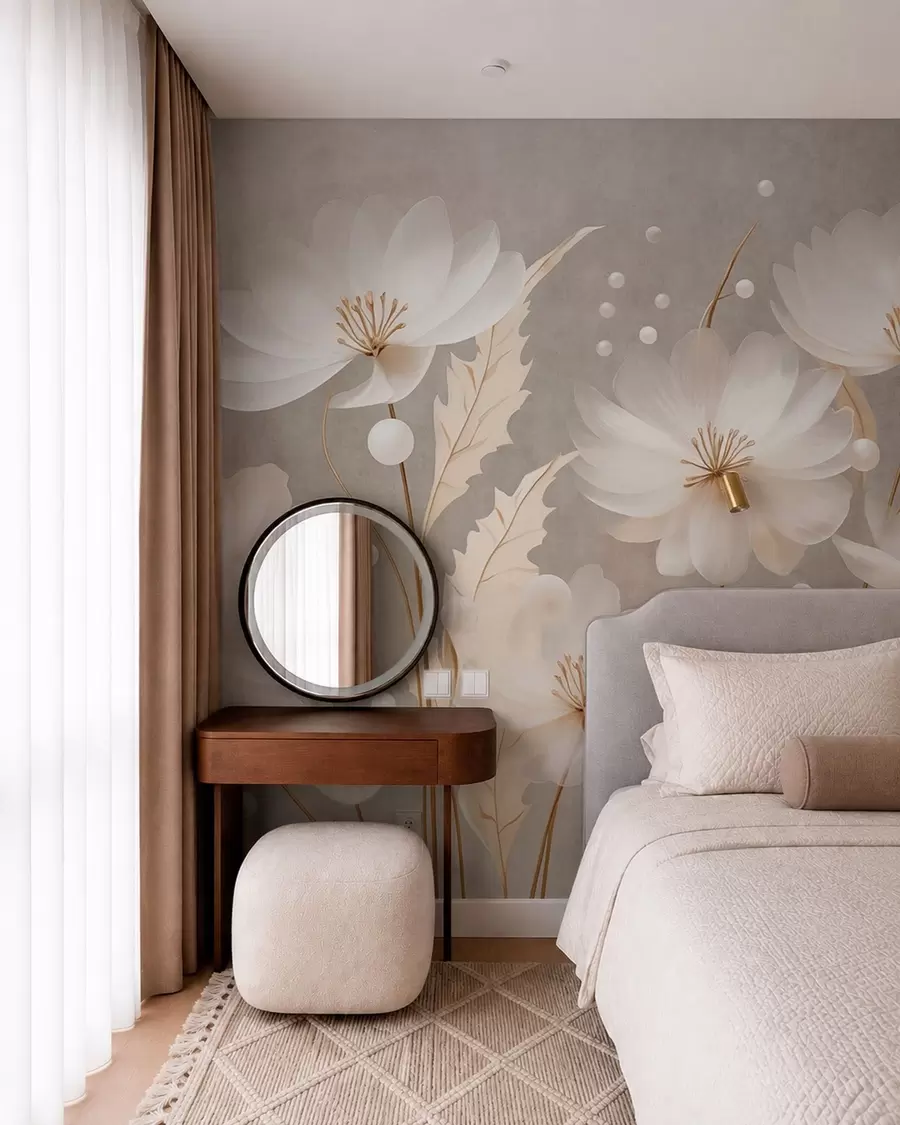 murais de parede Grandes flores brancas com folhas decorativas sobre um fundo cinza w05857