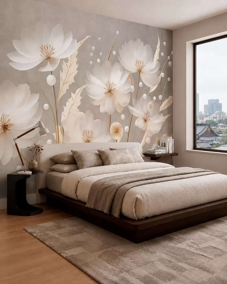 murais de parede Grandes flores brancas com folhas decorativas sobre um fundo cinza w05857