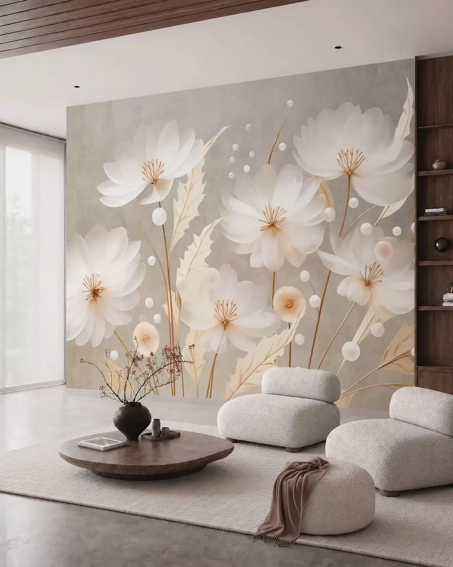 murais de parede Grandes flores brancas com folhas decorativas sobre um fundo cinza w05857