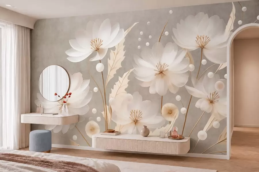 murais de parede Grandes flores brancas com folhas decorativas sobre um fundo cinza w05857
