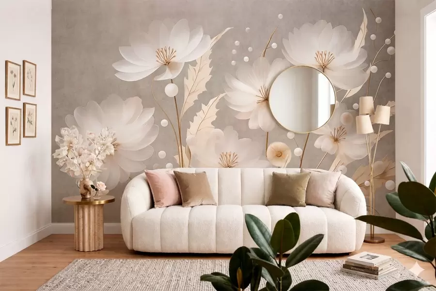 murais de parede Grandes flores brancas com folhas decorativas sobre um fundo cinza w05857