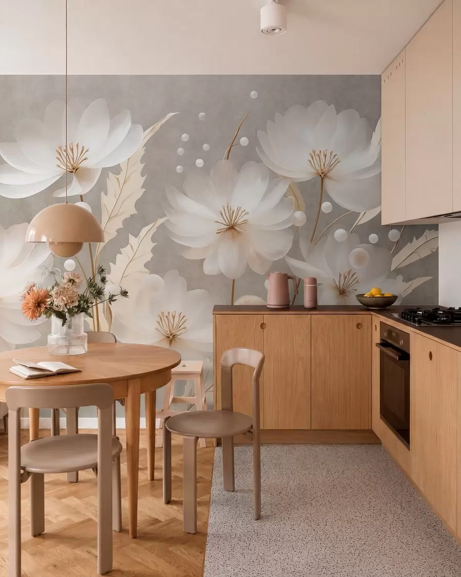 murais de parede Grandes flores brancas com folhas decorativas sobre um fundo cinza w05857