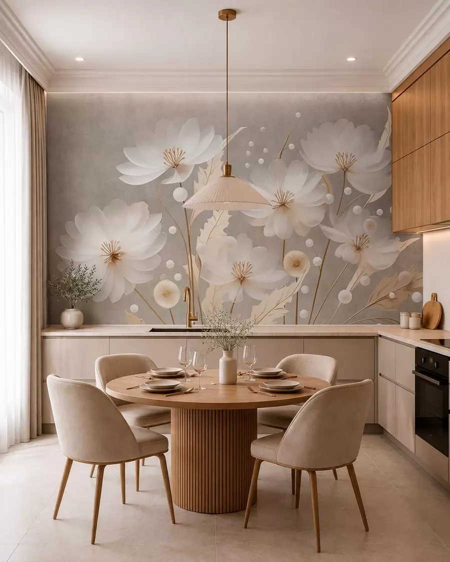 murais de parede Grandes flores brancas com folhas decorativas sobre um fundo cinza w05857