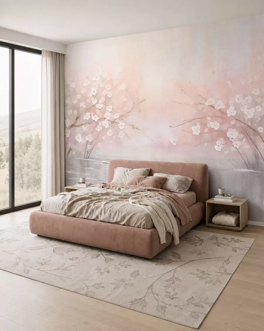 murais de parede Galhos floridos sobre águas calmas em tons suaves de rosa w05858